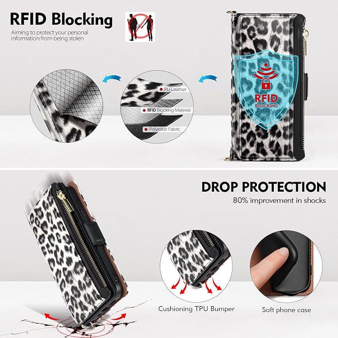 Antsturdy Compatible with iPhone 15 Wallet Case for Women【RFID Blocking】 Crossbody Phone Case PU Leather Zipper Wrist Strap Flip Cover Credit Card Holder Slots,for Apple 15 6.1",Leopard-White/Black