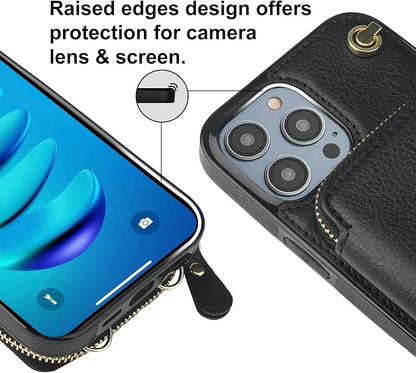 Bocasal Crossbody Wallet Case for iPhone 14 Pro Max, RFID Blocking Leather Purse Case with Card Holder, Protective Handbag Flip Cover with Zipper Wrist Strap Lanyard for Women 5G 6.7 Inch (Black)
