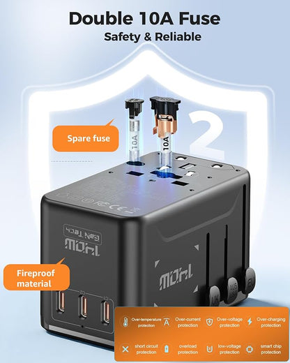 140W Max GaN Universal Travel Adapter for Europe UK US 200+ Countries | 3 USB C 1 USB A & 2500W AC Outlet, International Power Adapter Fast Charger Compatible for MacBook Pro/Air, iPhone, Laptop