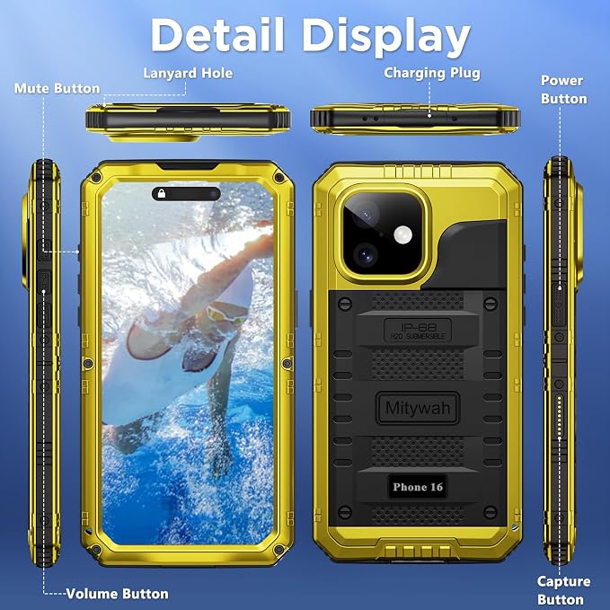 Mitywah Waterproof Case for iPhone 16, Shockproof Heavy Duty Case with Built-in Screen Protector, Underwater Full Body Protective Metal Case 6.1 inch, Yellow