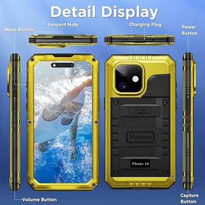 Mitywah Waterproof Case for iPhone 16, Shockproof Heavy Duty Case with Built-in Screen Protector, Underwater Full Body Protective Metal Case 6.1 inch, Yellow