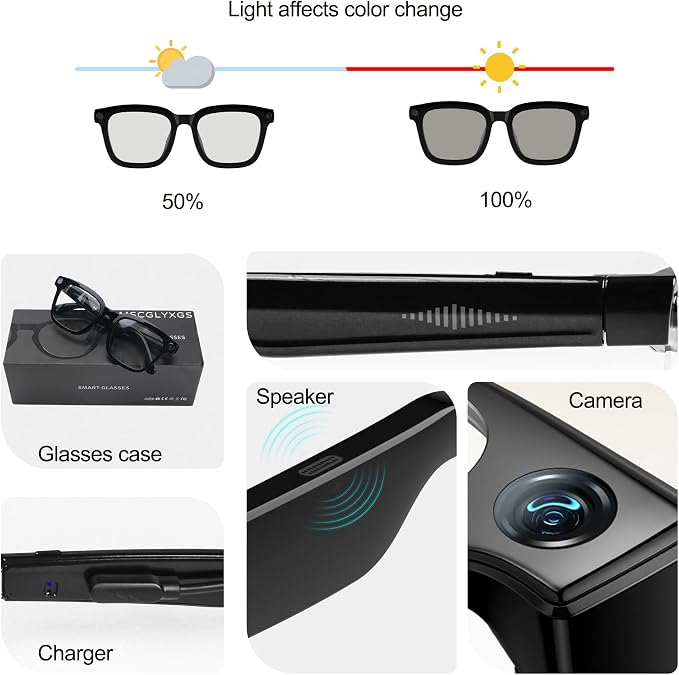 Ai Smart Glasses with Camera and Bluetooth - 4K HD Video Recording, Real-Time Translation, with Color-Changing Lenses for Travel, Sports, Outdoor Use