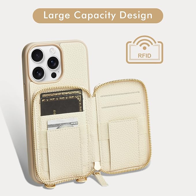 LAMEEKU for iPhone 15 Pro Max Wallet Case with Credit Card Holder, Zipper Leather Crossbody Case with Phone Grip Holder Stand for Women for iPhone 15 Pro Max 6.7 inch Beige