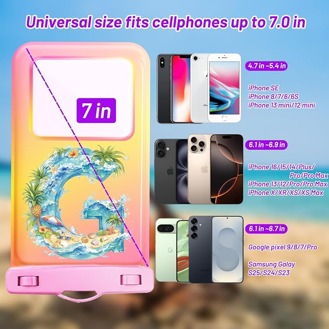 Personalized Initial Waterproof Phone Pouch Case - IPX8 Cellphone Dry Bag with Lanyard for iPhone 16/15/14/13/12 Pro Max (6.1–6.9"), Beach & Cruise Ship Essentials with Monogrammed Design (Pink, G)