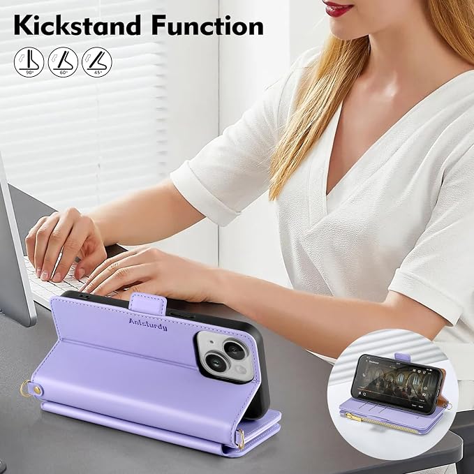 Antsturdy Compatible with iPhone 14 Wallet Case Women Men,RFID Blocking PU Leather Crossbody Phone Case Zipper with Wrist Strap Flip Protective Cover Credit Card Holder for Apple 14 6.1",Light Purple