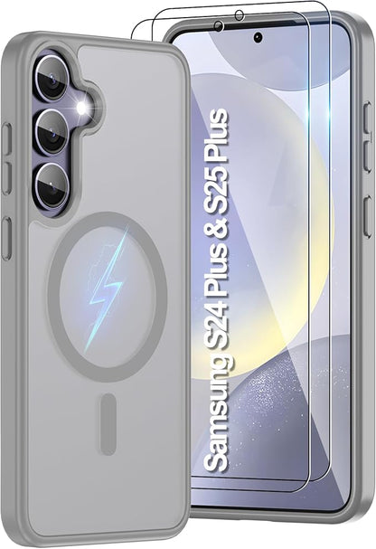 For Samsung Galaxy S24 Plus Case & S25 Plus Case [Compatible with Magsafe] Translucent Matte Magnetic,Slim Thin Duty Shockproof with 2pc Screen Protector Protection Case for S24 Plus/S25 Plus-Gray