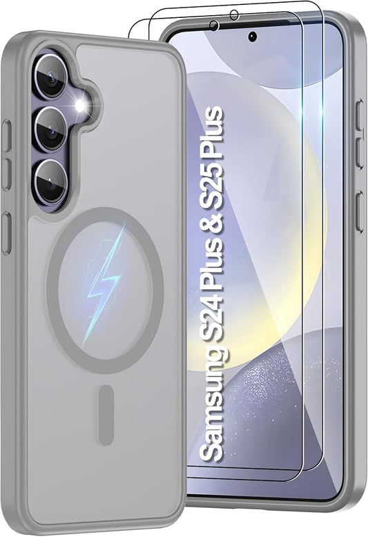 For Samsung Galaxy S24 Plus Case & S25 Plus Case [Compatible with Magsafe] Translucent Matte Magnetic,Slim Thin Duty Shockproof with 2pc Screen Protector Protection Case for S24 Plus/S25 Plus-Gray