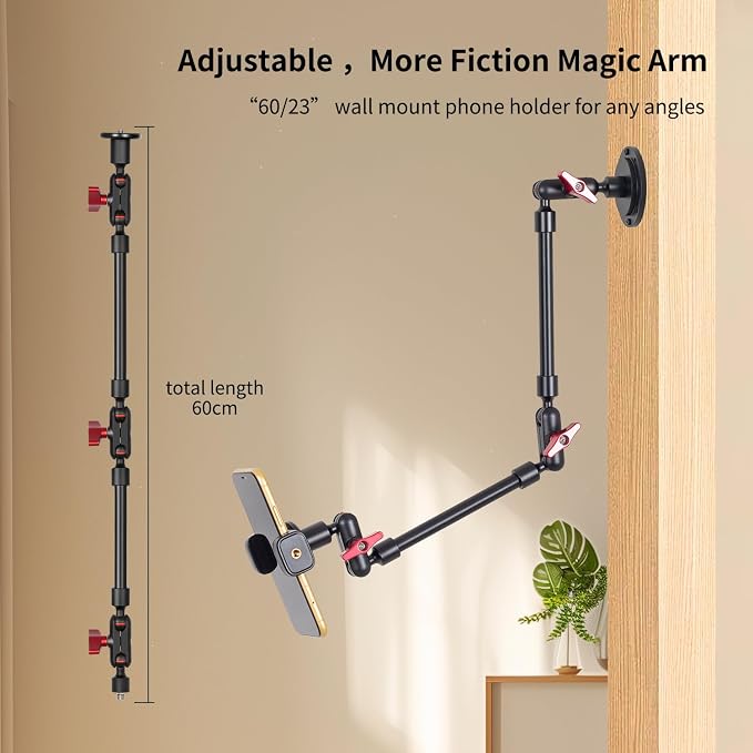 Wall Mounted Phone Holder Magic Arm 360° Rotation Adjustable Metal Base Screw in Wall Sturdy for Kitchen Bedroom Home 22 Inch Metal Phone Clip