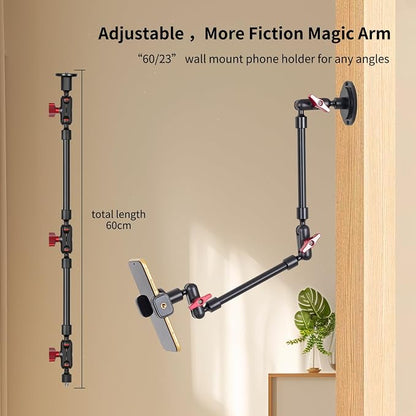 Wall Mounted Phone Holder Magic Arm 360° Rotation Adjustable Metal Base Screw in Wall Sturdy for Kitchen Bedroom Home 22 Inch Metal Phone Clip
