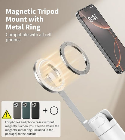 TONEOF 68" Magnetic Selfie Stick Tripod with Aluminum Strong Magnetic Holder for Magsafe, 360° Rotatable Travel Phone Tripod Stand with Metal Ring & Rechargeable Remote for iPhone/Android（White）