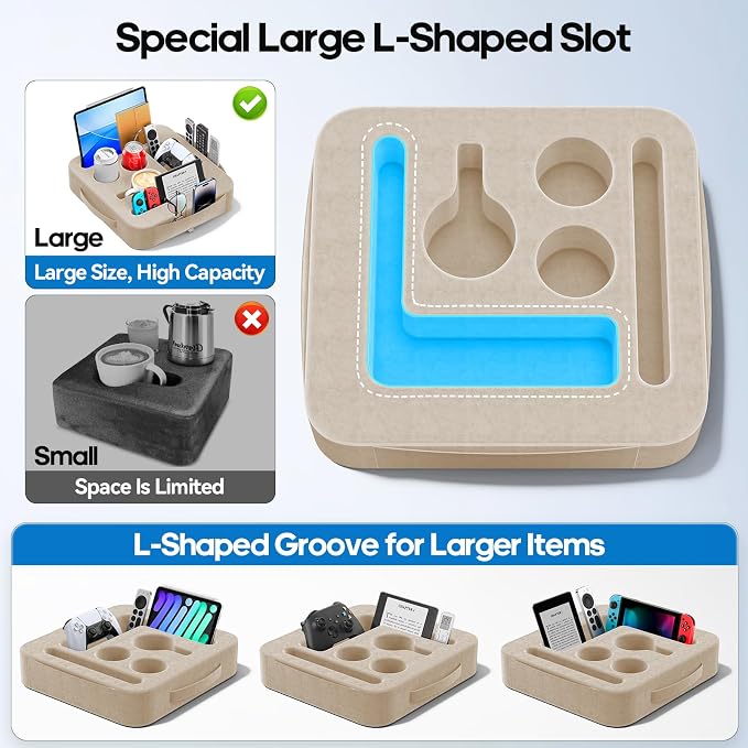 Couch Cup Holder Tray, Couch Caddy for Drink, Snack, Phone, Remote, Ipad, Game Controller, Large-Size Sofa Cup Holder for Bed, Sofa, Car, Desk, Khaki