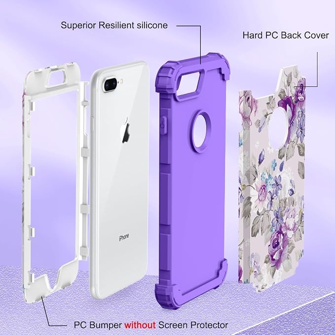 Hocase Heavy Duty Shockproof Protection Hard Plastic+Silicone Rubber Hybrid Protective Case for iPhone 7 Plus/iPhone 8 Plus - Lavender Flowers