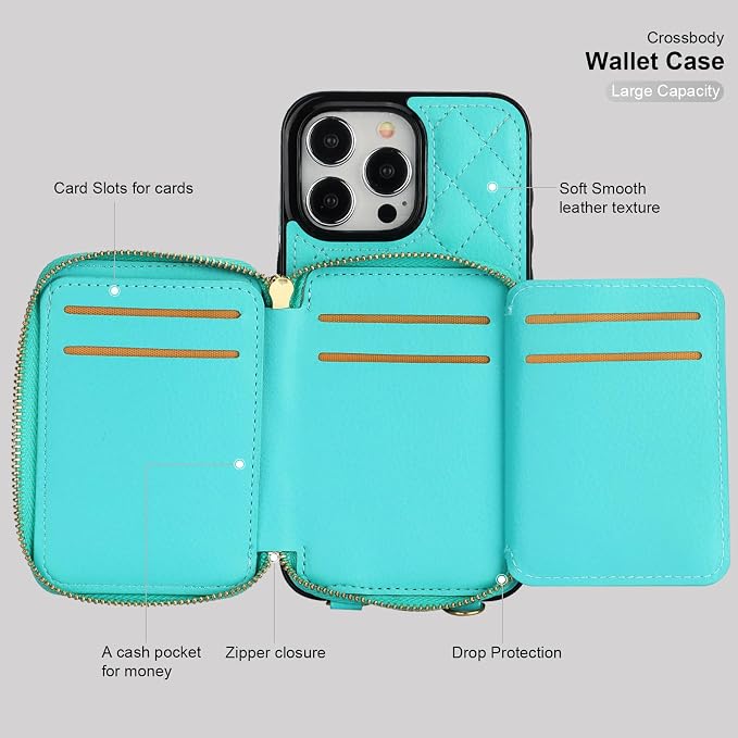 Bocasal Crossbody Wallet Case for iPhone 15 Pro Max, RFID Blocking PU Leather Zipper Handbag Purse Flip Cover, Kickstand Folio Case with Card Slots Holder Wrist Strap Lanyard 5G 6.7 Inch (Mint Green)