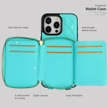 Bocasal Crossbody Wallet Case for iPhone 15 Pro Max, RFID Blocking PU Leather Zipper Handbag Purse Flip Cover, Kickstand Folio Case with Card Slots Holder Wrist Strap Lanyard 5G 6.7 Inch (Mint Green)