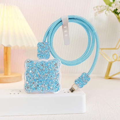 Glitter Electronic Organizer Set - Phone Charger Storage Cover, Cute Bling Case Bag With Cable Protector for iPhone, Soft Data Cord Saver, Cable Chomper (Blue)