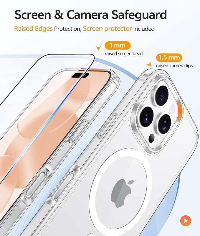FNTCASE for iPhone 16 Pro Max Case, Fit for Magsafe, Glass Screen Protector | Anti Yellowing, Magnetic Phone Cases, 14FT Military Grade Drop Protection, Slim Shockproof Protective Cover, Clear
