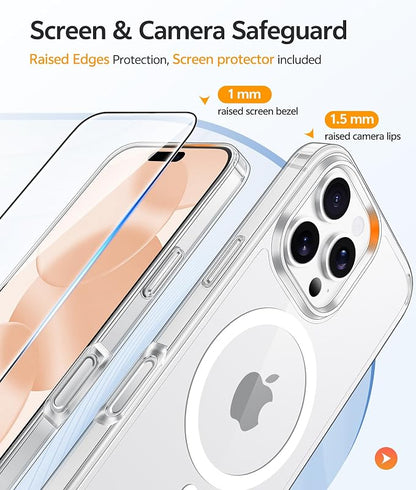FNTCASE for iPhone 16 Pro Max Case, Fit for Magsafe, Glass Screen Protector | Anti Yellowing, Magnetic Phone Cases, 14FT Military Grade Drop Protection, Slim Shockproof Protective Cover, Clear