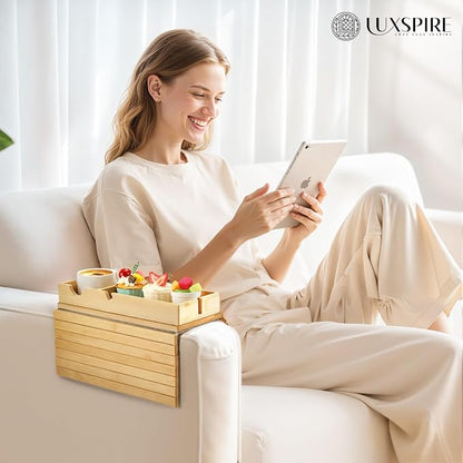 Luxspire Couch Armrest Table, 2-in-1 Magnetic Detachable Sofa Arm Tray with Cup Holder and Phone Holder, Foldable Bamboo Couch Cup Holder for Remote Controls, Phones, Snacks, Cups, Burlywood