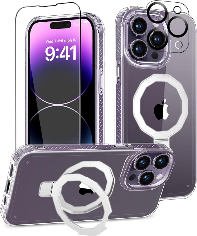 for iPhone 14 Pro Case, with Screen Protector + Camera Lens Protector, Built-in Seamless Stand, [Compatible with MagSafe] Protective Shockproof Phone Case, Cover for iPhone 14Pro - Clear