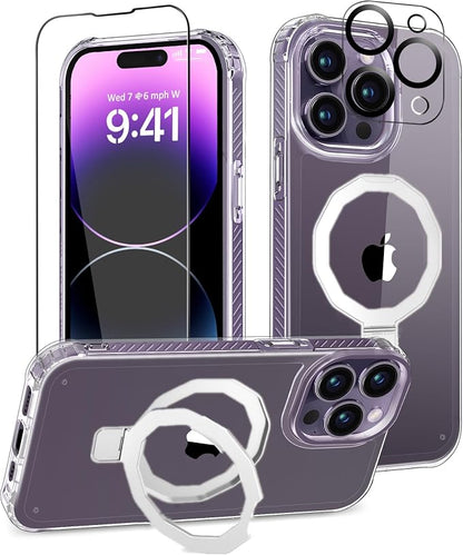 for iPhone 14 Pro Max Case, with Screen Protector + Camera Lens Protector, Built-in Seamless Stand, [Compatible with MagSafe] Protective Shockproof Phone Case, Cover iPhone 14 ProMax - Clear