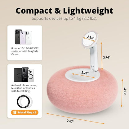 Magnetic Phone Pillow Stand, Phone Holder for Bed,Lap,Desk, Cozy Pillow Stand with Snack Bowl and 2 Magnetic Rings, Compatible with 3.5-7" iPhone,E-Reader, Kindle, Pink