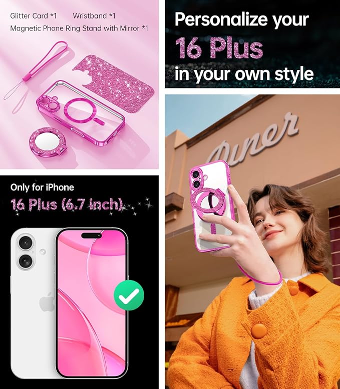 Meifigno Magnetic Case with Removable Phone Ring Stand for iPhone 16 Plus, [Glitter Card & Wrist Strap] [MagSafe Compatible] [Built in Mirror] Magnetic Phone Ring Holder + 16 Plus Case Kit, Hot Pink