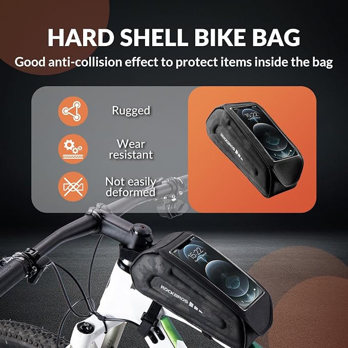 ROCKBROS Bike Phone Mount Racks & Bag, Oversized EVA Waterproof Bike Phone Holder Top Tube Front Frame Bag Bicycle Accessories Pouch for Phones Under 7.5” (Camo-1.7L(Flip-top design))