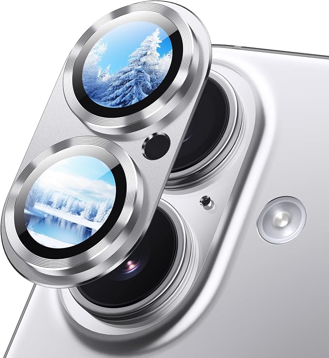 Korecase for iPhone17 /iPhone 16 /iPhone 16 Plus Camera Lens Protector, Anti Scrach HD Tempered Glass Camera Screen Protector Cover, Aluminum Alloy Whole Lens Film Case Friendly,Silver
