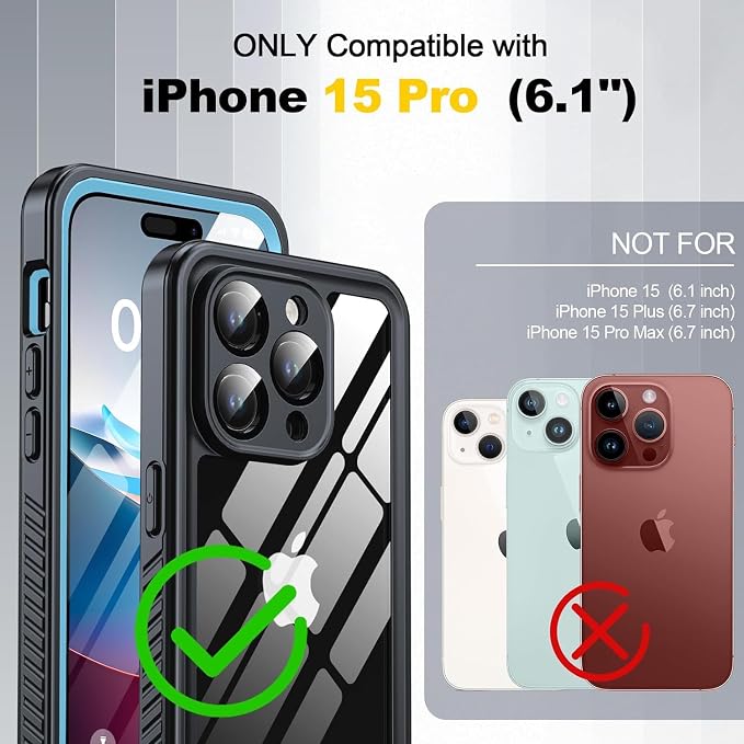 for iPhone 15 Pro Case Waterproof - Built-in Privacy Screen Protector & HD Screen Protector [IP68 Underwater] Shockproof Dustproof Full Body Protection iPhone 15 Pro Phone Case Blue