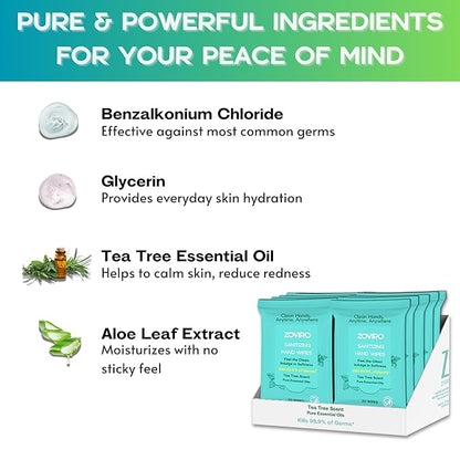 Zoviro Hand Sanitizer Wipes, Moisturizing With Tea Tree Essential Oil, Ultra-Soft 100% Viscose, Hand Wipes Travel Size, Tea Tree Scent, 20 Count (Pack of 10)