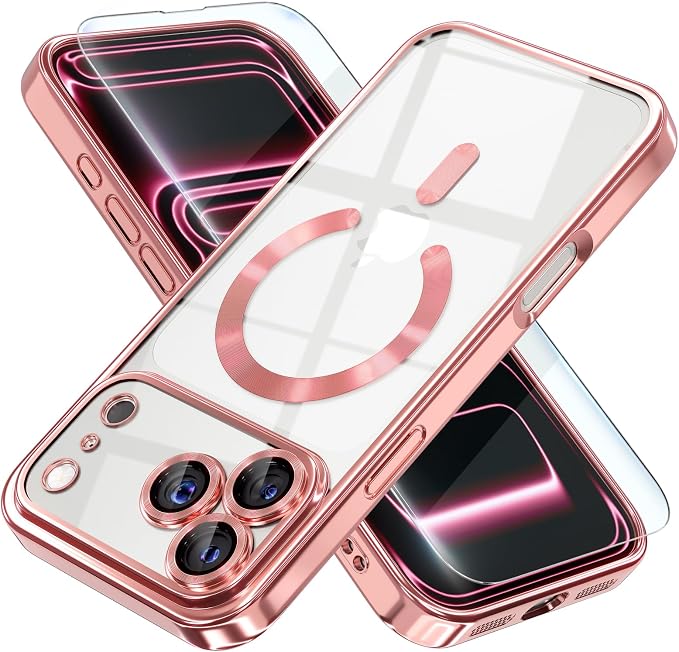 Misea Magnetic for iPhone 17 Pro Max Case Compatible with MagSafe [Never Yellowing] [Military Grade Drop Protection] Full Camera Lens Protector Plating Soft Clear Phone Case for Women, Pink