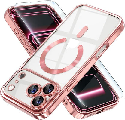 Misea Magnetic for iPhone 17 Pro Max Case Compatible with MagSafe [Never Yellowing] [Military Grade Drop Protection] Full Camera Lens Protector Plating Soft Clear Phone Case for Women, Pink