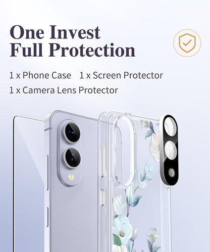GVIEWIN for Samsung Galaxy S25 Edge Case, Clear Floral Shockproof Protective Women Phone Case, Non-Yellowing, Screen&Camera Lens Protector for Galaxy S25 Edge 6.7",Delphinium/Grey