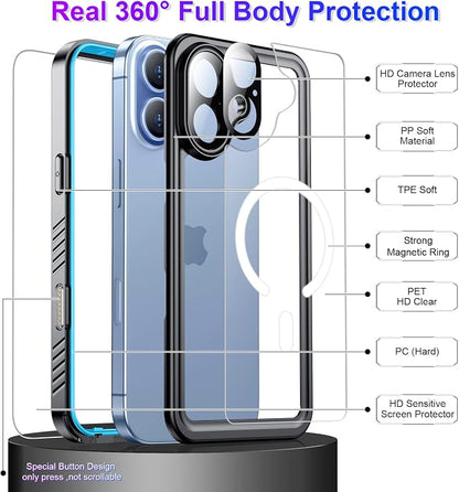 Temdan Magnetic Compatible with iPhone 17 Case,Waterproof Built-in Screen & Camera Protector IP68 Underwater Full Body 17FT Military Dropproof Shockproof Phone Case 6.3"-Mag/Blue