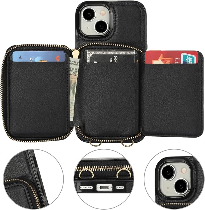 Bocasal RFID Blocking Wallet Case for iPhone 15, Adjustable Crossbody Zipper Purse Case Card Holder with Kickstand Detachable Wrist Strap, PU Leather Flip Folio Case 6.1 Inch 5G (Black)