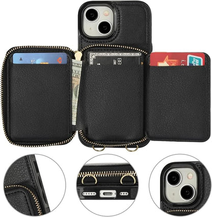 Bocasal RFID Blocking Wallet Case for iPhone 15, Adjustable Crossbody Zipper Purse Case Card Holder with Kickstand Detachable Wrist Strap, PU Leather Flip Folio Case 6.1 Inch 5G (Black)