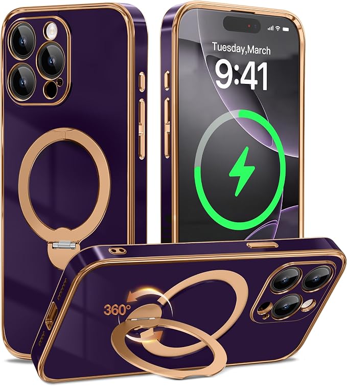 GolbinBox for iPhone 15 Pro Max Case with 360° Spin Magnetic Stand,[Compatible with Magsafe] [Military Protection][Built-in Ring Holder] Shockproof Phone Case for 15 Pro Max, Purple