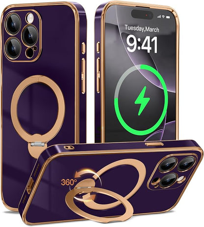 GolbinBox for iPhone 15 Pro Max Case with 360° Spin Magnetic Stand,[Compatible with Magsafe] [Military Protection][Built-in Ring Holder] Shockproof Phone Case for 15 Pro Max, Purple