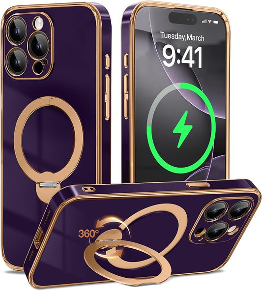 GolbinBox for iPhone 15 Pro Max Case with 360° Spin Magnetic Stand,[Compatible with Magsafe] [Military Protection][Built-in Ring Holder] Shockproof Phone Case for 15 Pro Max, Purple