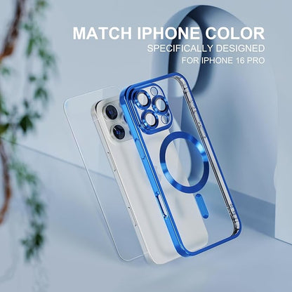 Misea Magnetic for iPhone 16 Pro Case Compatible with MagSafe [Never Yellowing] [Military Grade Drop Protection] Full Camera Lens Protector Plating Soft Clear Phone Case for Women 6.3", Deep Blue