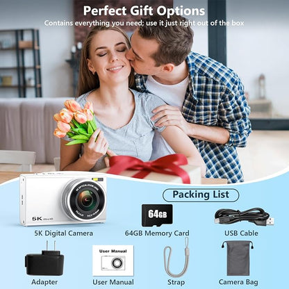 5K Digital Camera for Photography with 6X Optical Zoom, 2026 Latest 96MP Autofocus Vlogging Camera for YouTube with Dual Lens, Anti-Shake, Flash, Compact Small Travel Cameras with 64GB Card, White