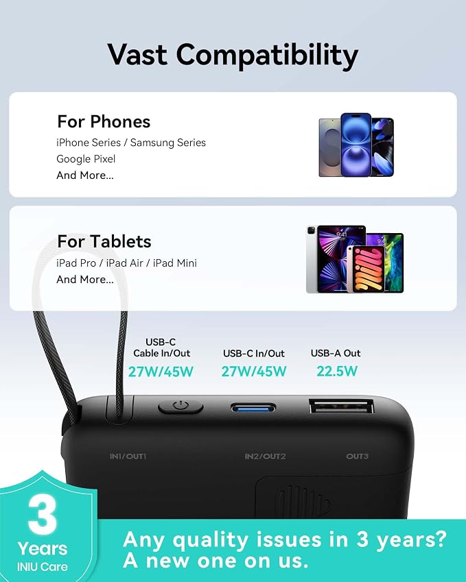 INIU 10000mAh Power Bank, Small 45W PD Fast Charging Portable Charger with Built-in USB C Cable, Flight-Safe Travel External Phone Battery Pack for iPhone 17 Pro Max Samsung S26 iPad etc, Black