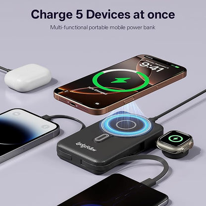 Magnetic Portable Charger Built-in Cables,10000mAh Fast Charging Wireless Charger Station External Battery Pack Slim Pocket Size Power Bank with Stand Compatible with iWatch, iPhone
