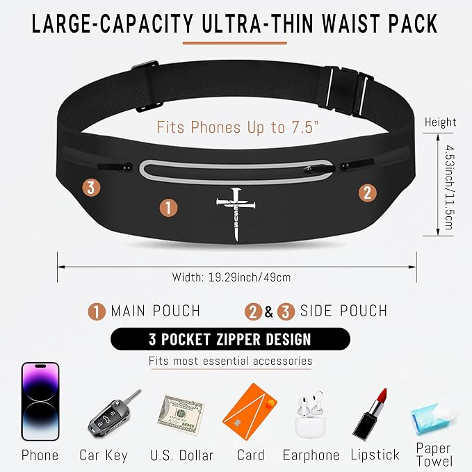 Jesus 3 Nail Crosses Slim Running Belts for Women,Black Waist Pack Bag with 3 Zipper Pockets,Christian Cross Fitness fanny packs for Men Adjustable,Reflective Jogging phone holder Waist Pack