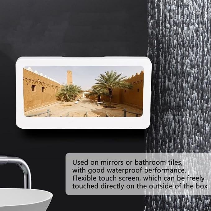 Touchable Waterproof Shower Phone Holder - No Drill Wall Mount for 6.8" Devices, Anti-Fog Tablet Bathroom Caddy with Sticker Installation(White)