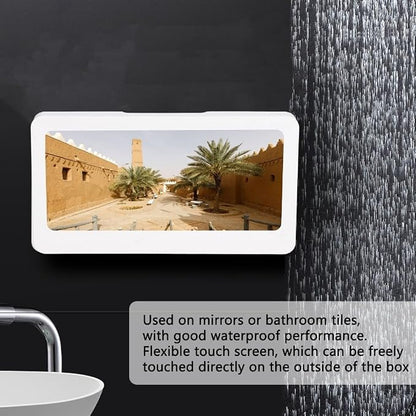 Touchable Waterproof Shower Phone Holder - No Drill Wall Mount for 6.8" Devices, Anti-Fog Tablet Bathroom Caddy with Sticker Installation(White)