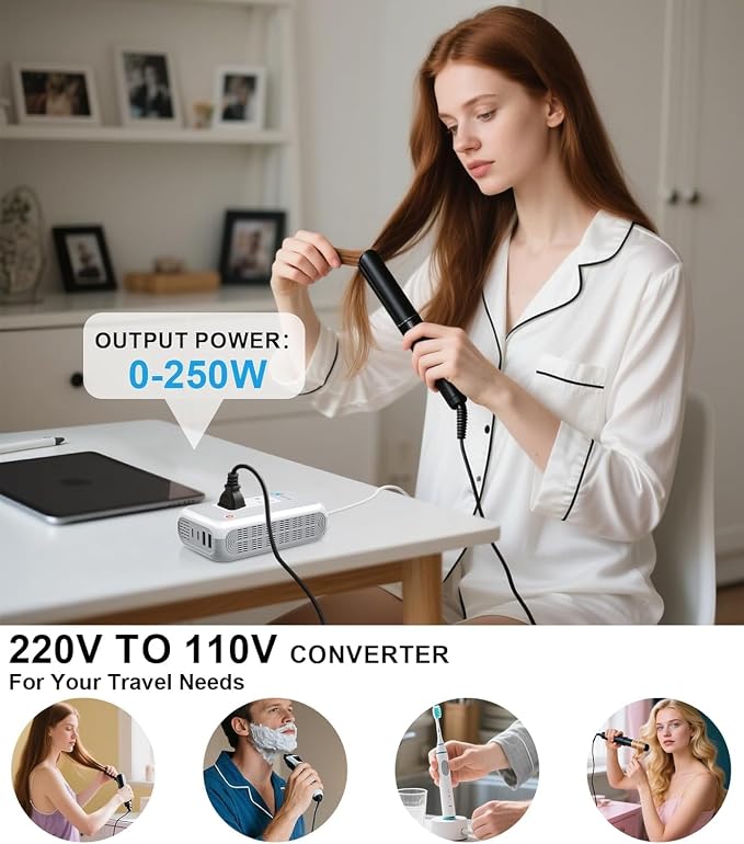 Voltage Converter US to Europe for Curling Iron and Hair Straighteners, 220V to 110V Converter for European Travel Plug Adapter with 2 USB A & 2 USB C Ports (White)