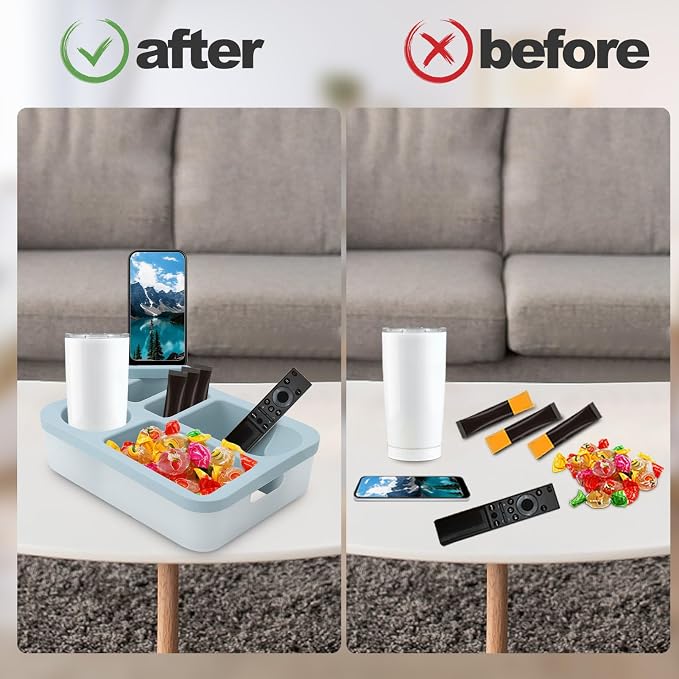 Couch Cup Holder Tray for Bed Sofa Organizer, Silicone Couch Caddy with Rotatable Phone Holder, Anti Spill Couch Drink Holder for Snacks Beverage TV Remote Cellphone(Blue)