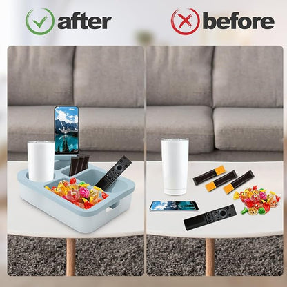 Couch Cup Holder Tray for Bed Sofa Organizer, Silicone Couch Caddy with Rotatable Phone Holder, Anti Spill Couch Drink Holder for Snacks Beverage TV Remote Cellphone(Blue)