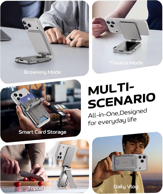 GolbinBox for MagSafe Wallet with Stand, Magnetic Phone Card Holder for Men, Holds 4 Cards with RFID Blocking, Slide-Open Metal Cover, Built-in Kickstand for iPhone 17/16/15/14/13/12 Series, Gray